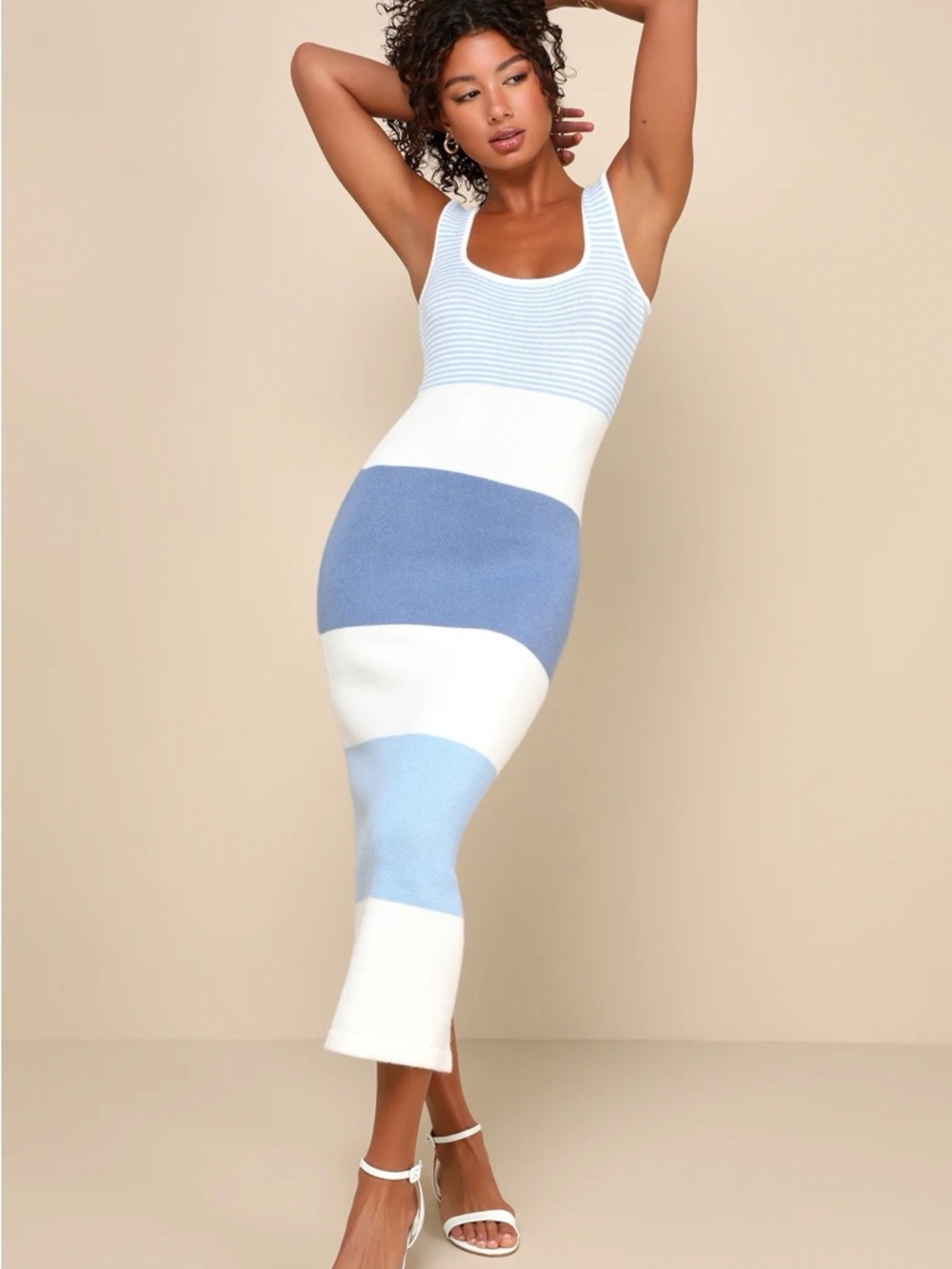 Lulu's Blue and White Striped Knit Midi Dress